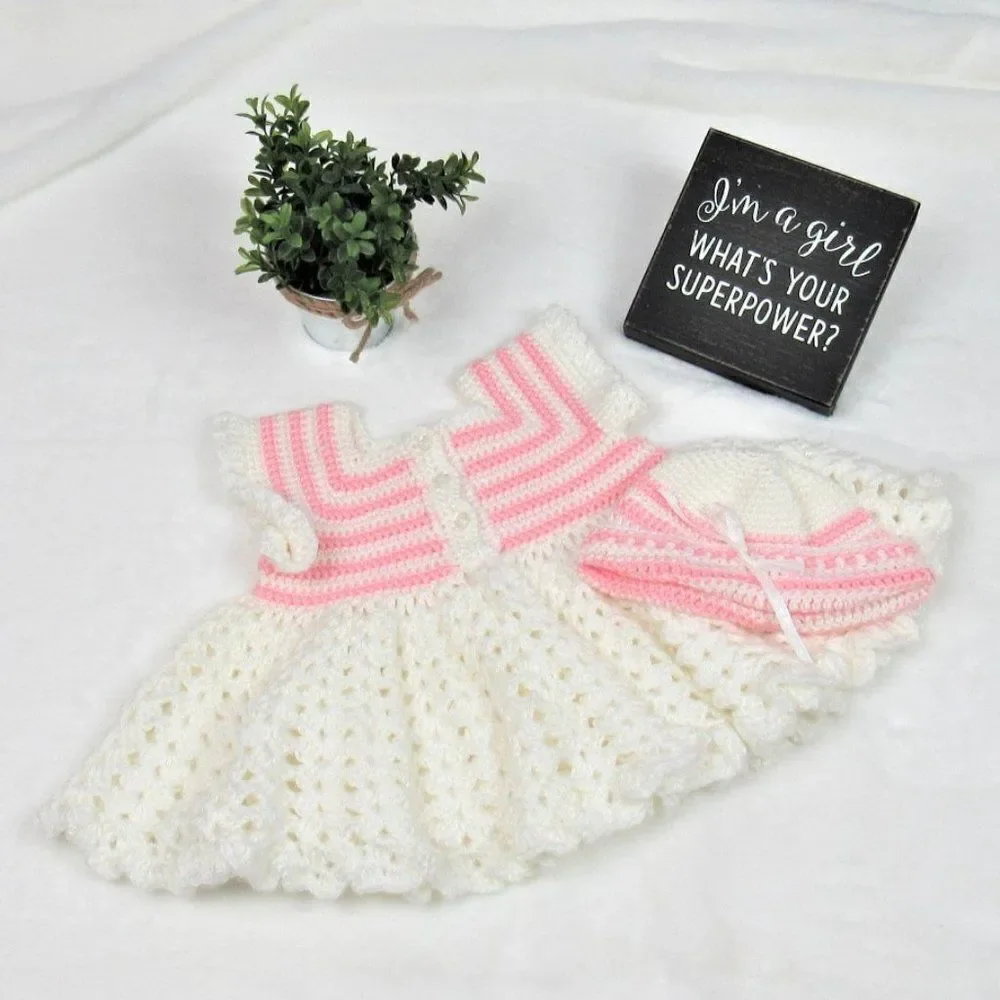 Dress & Matching Bonnet Baby Girl Heirloom Hand Crochet Pink & White